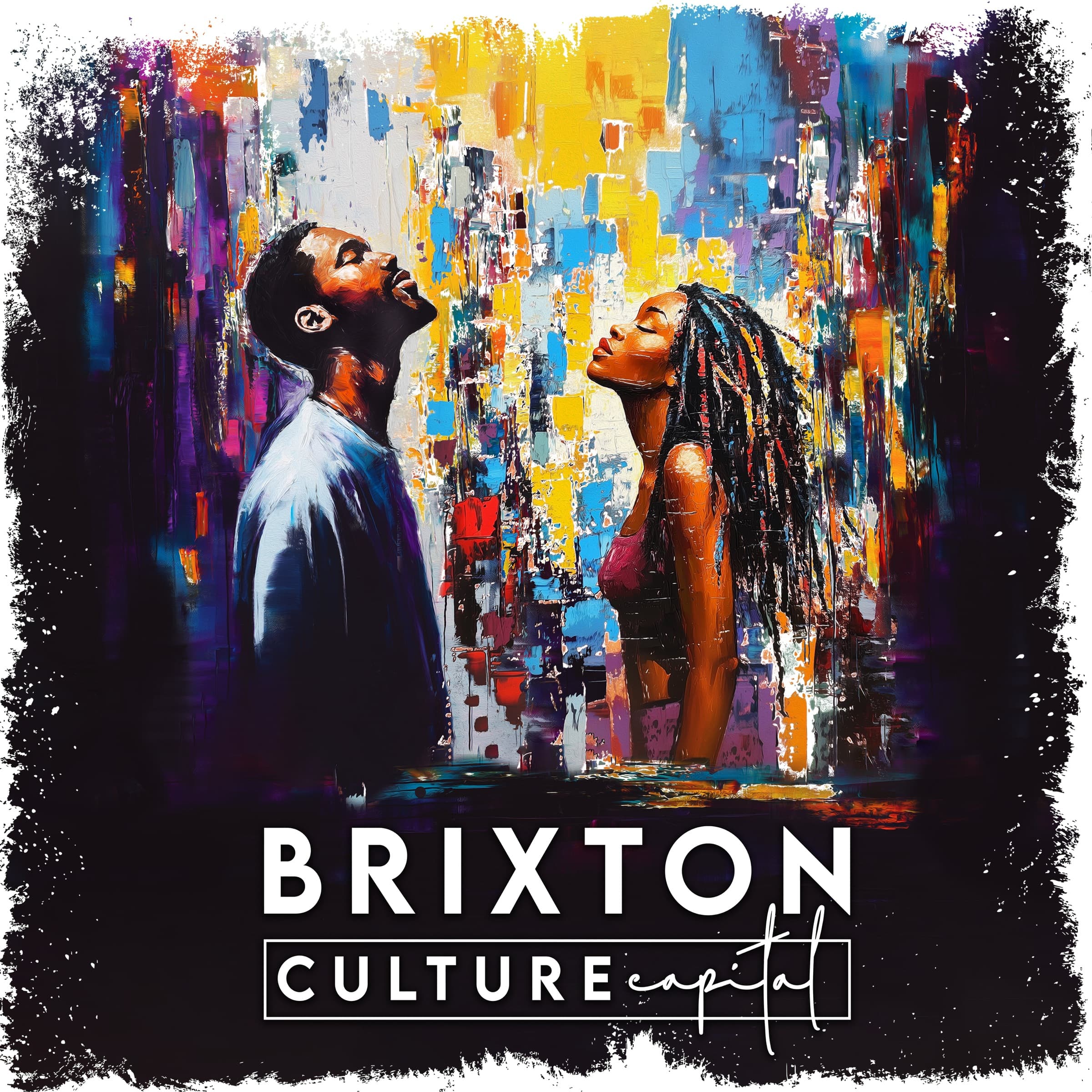 The founding painting — a man and a woman, faces lifted, immersed in Brixton's colour fields