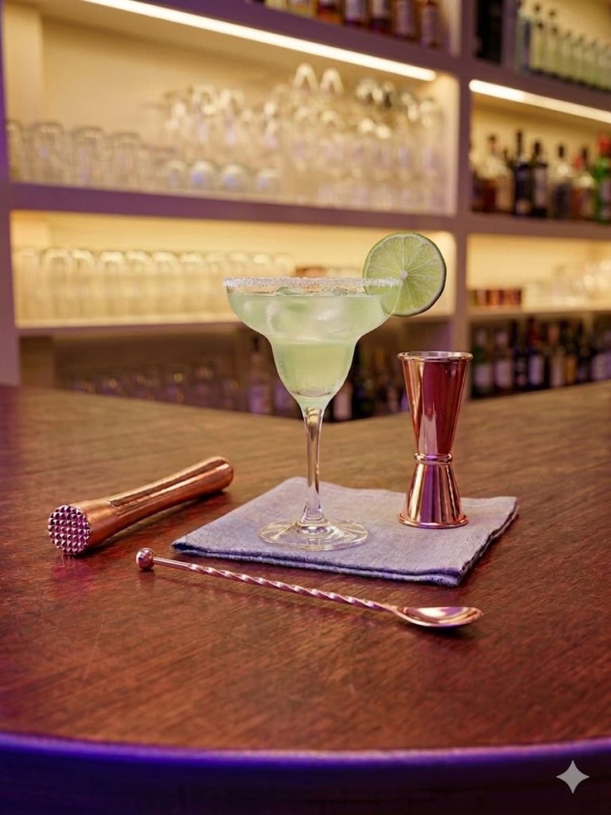A margarita with lime on the bar, backlit shelves behind
