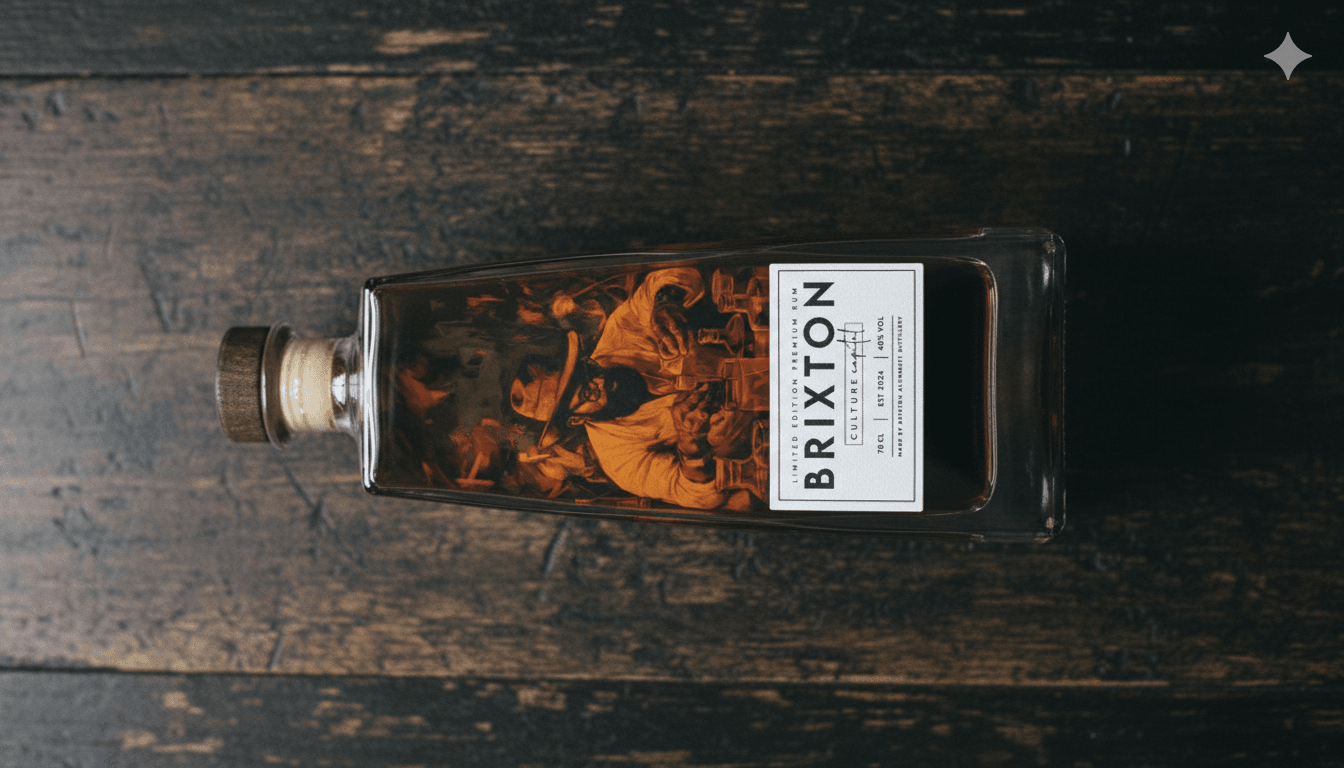 Brixton Culture Capital Rum, bird's-eye view on dark wood