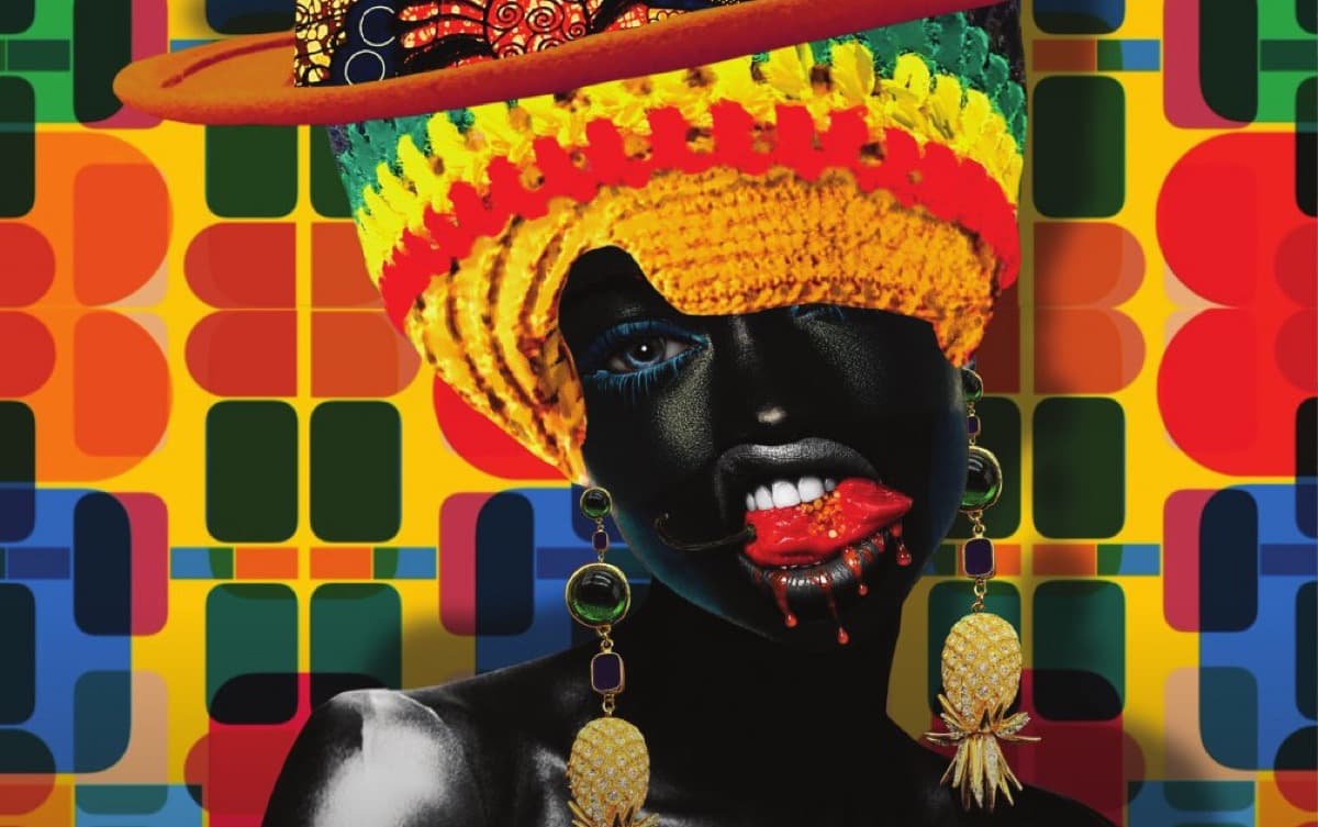Caroline Chinakwe's artwork for the bottle — a portrait in a Rasta-striped crochet hat and pineapple earrings, a scotch bonnet between the lips
